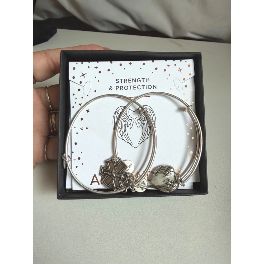 2 bangles Alex and Ani Strength & Protection Medical Cross Angel Wing Silver